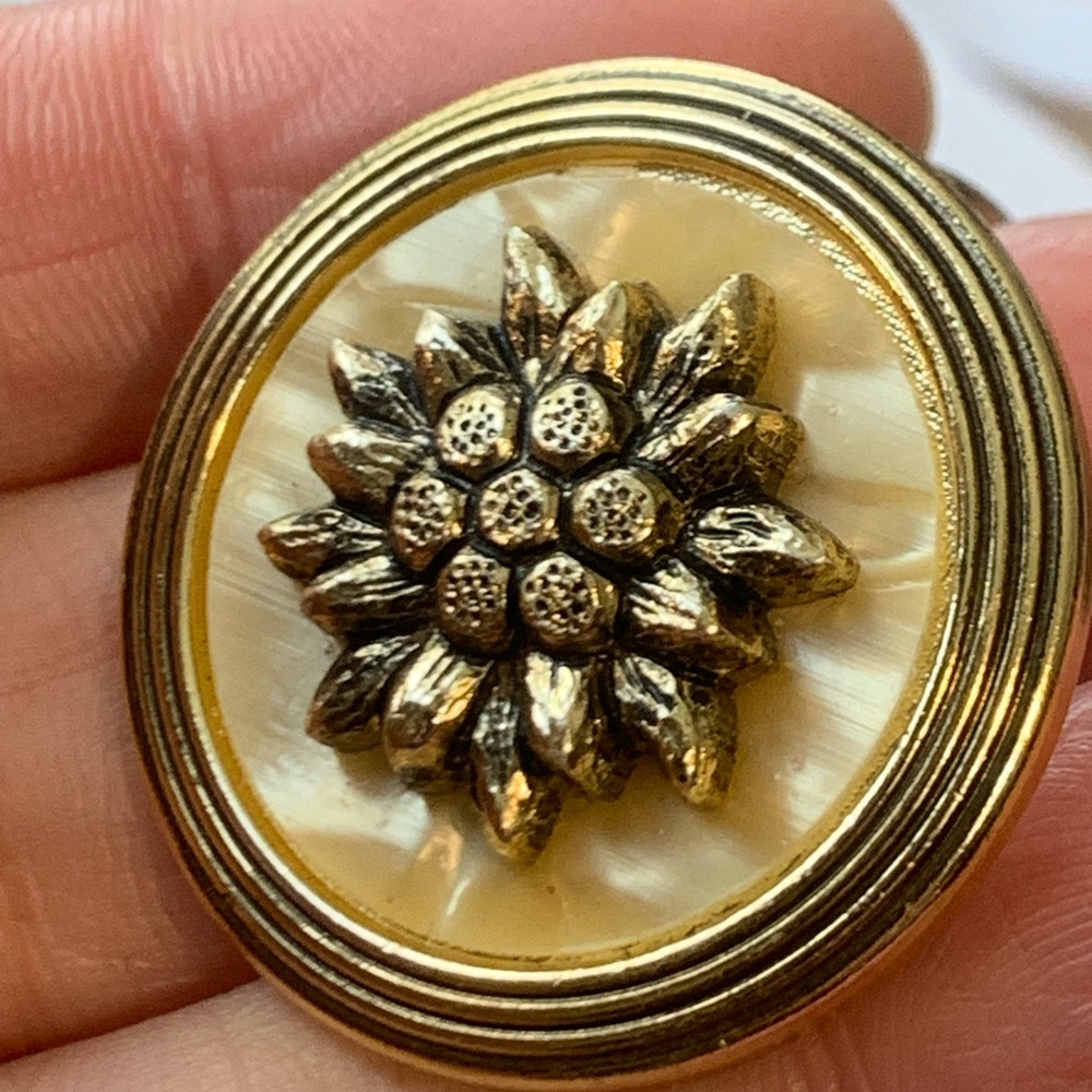 Vintage scarf or dress clip with sunflower design and mother of pearl